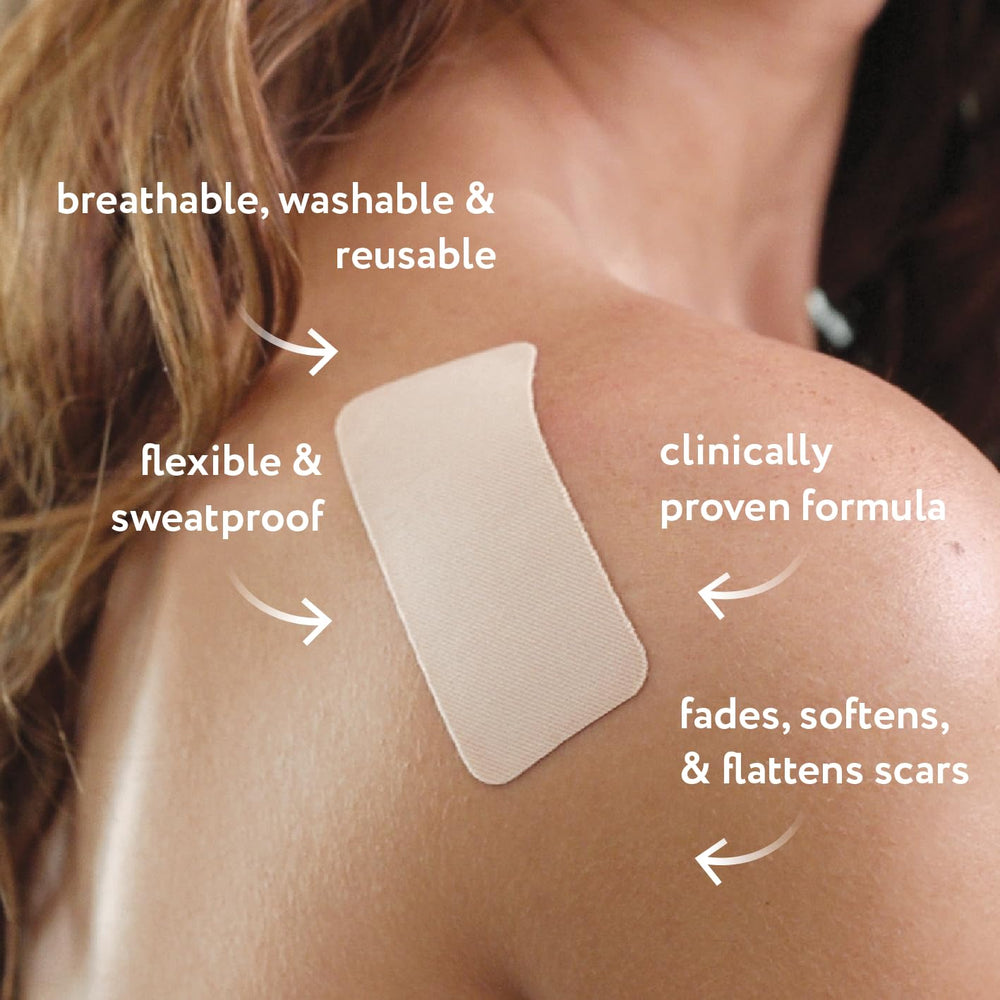 ScarAway Advanced Silicone Scar Sheets pack back shows travel-friendly, long-lasting scar support.