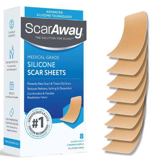ScarAway Advanced Silicone Scar Sheets pack front demonstrates discreet, reusable scar care for smoother texture.