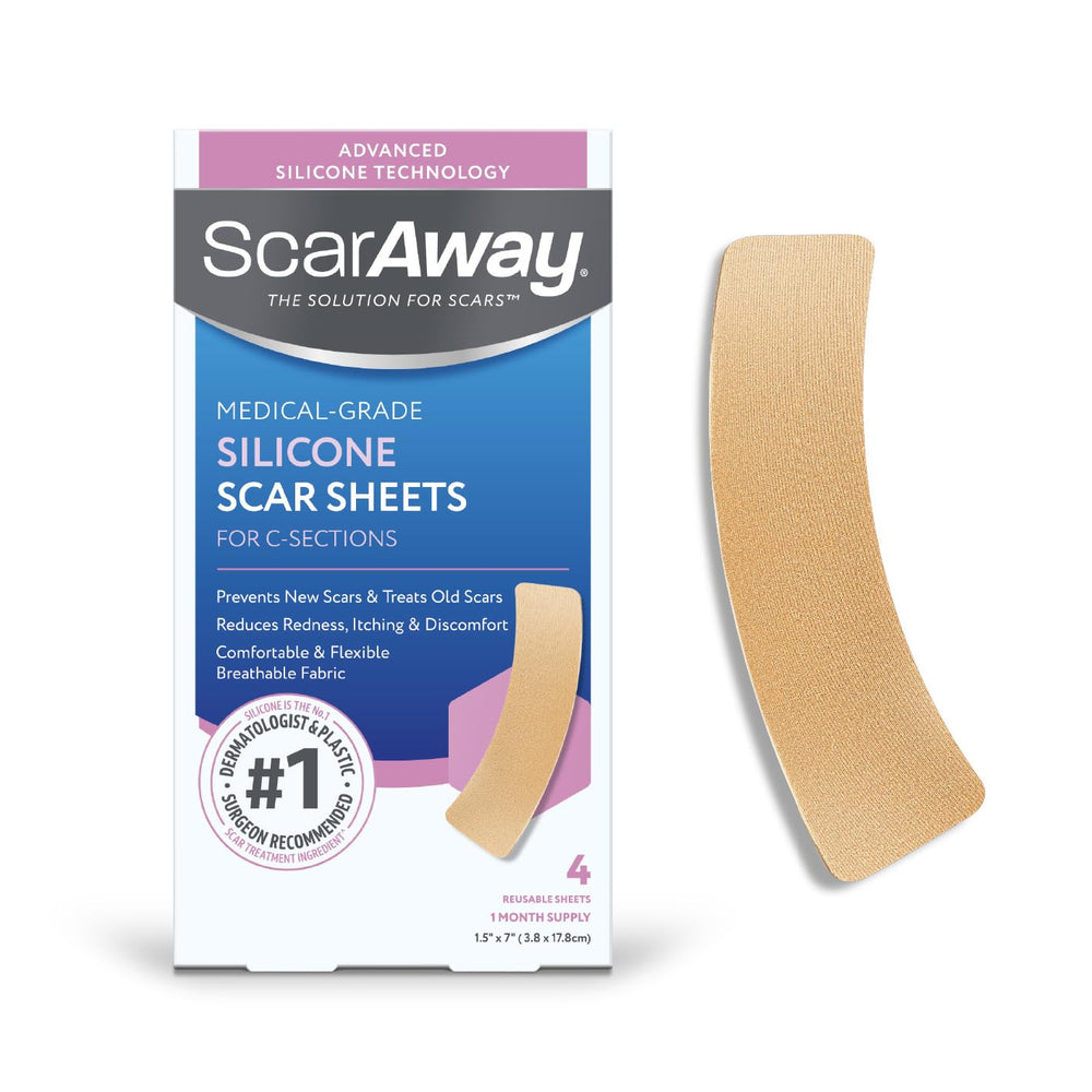 ScarAway packaging shows advanced silicone scar sheets for discreet scar support.