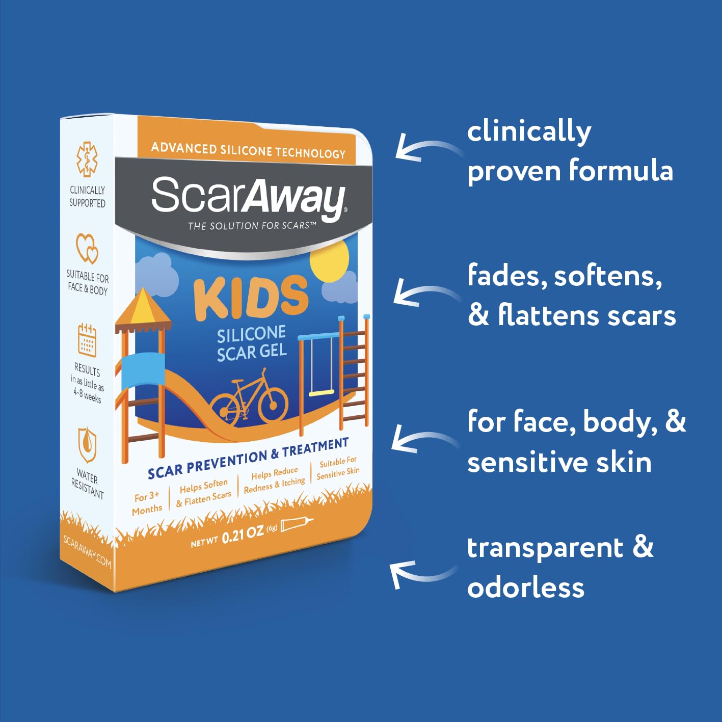 ScarAway Kids silicone scar gel bottle close-up for easy use