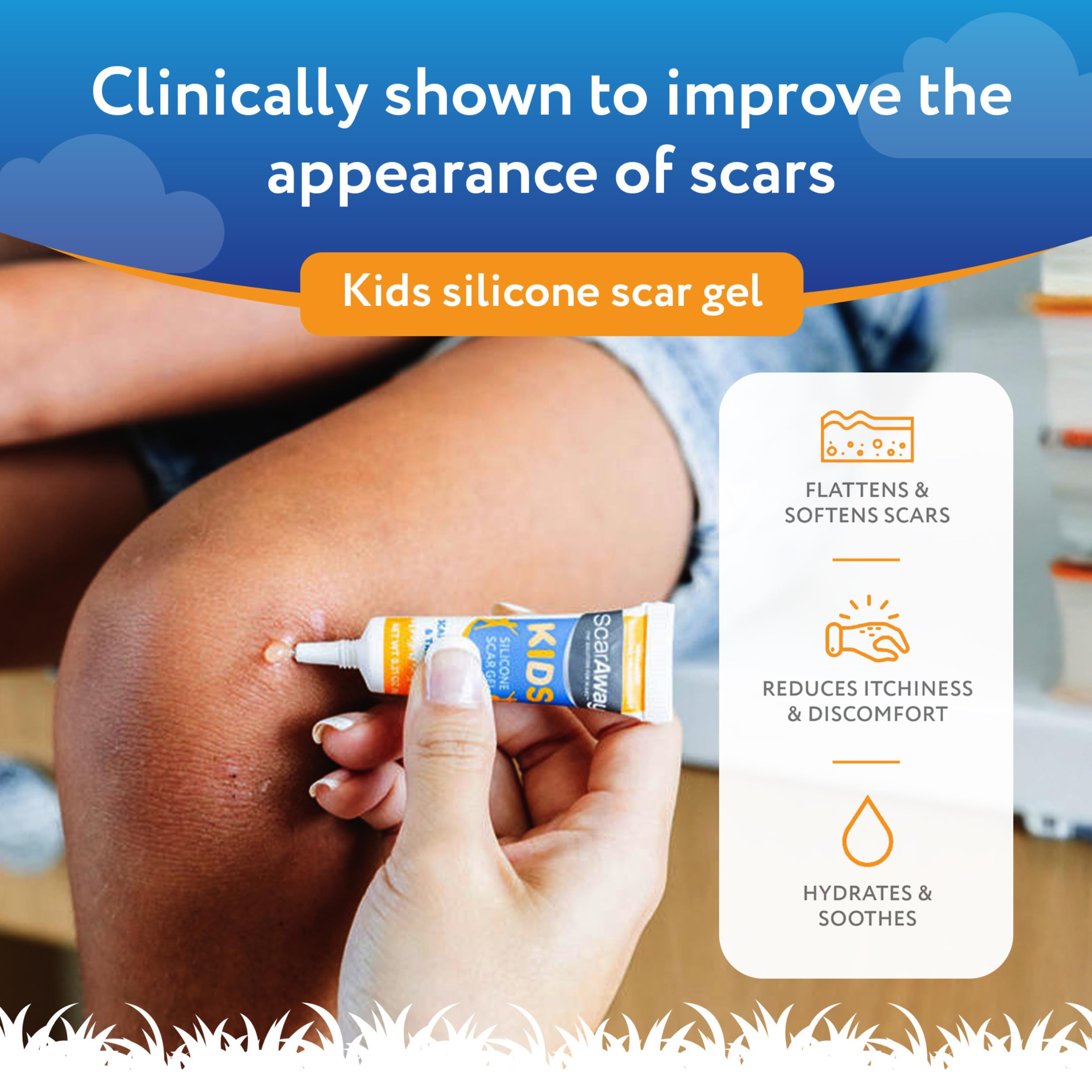 ScarAway Kids silicone scar gel bottle close-up for easy use
