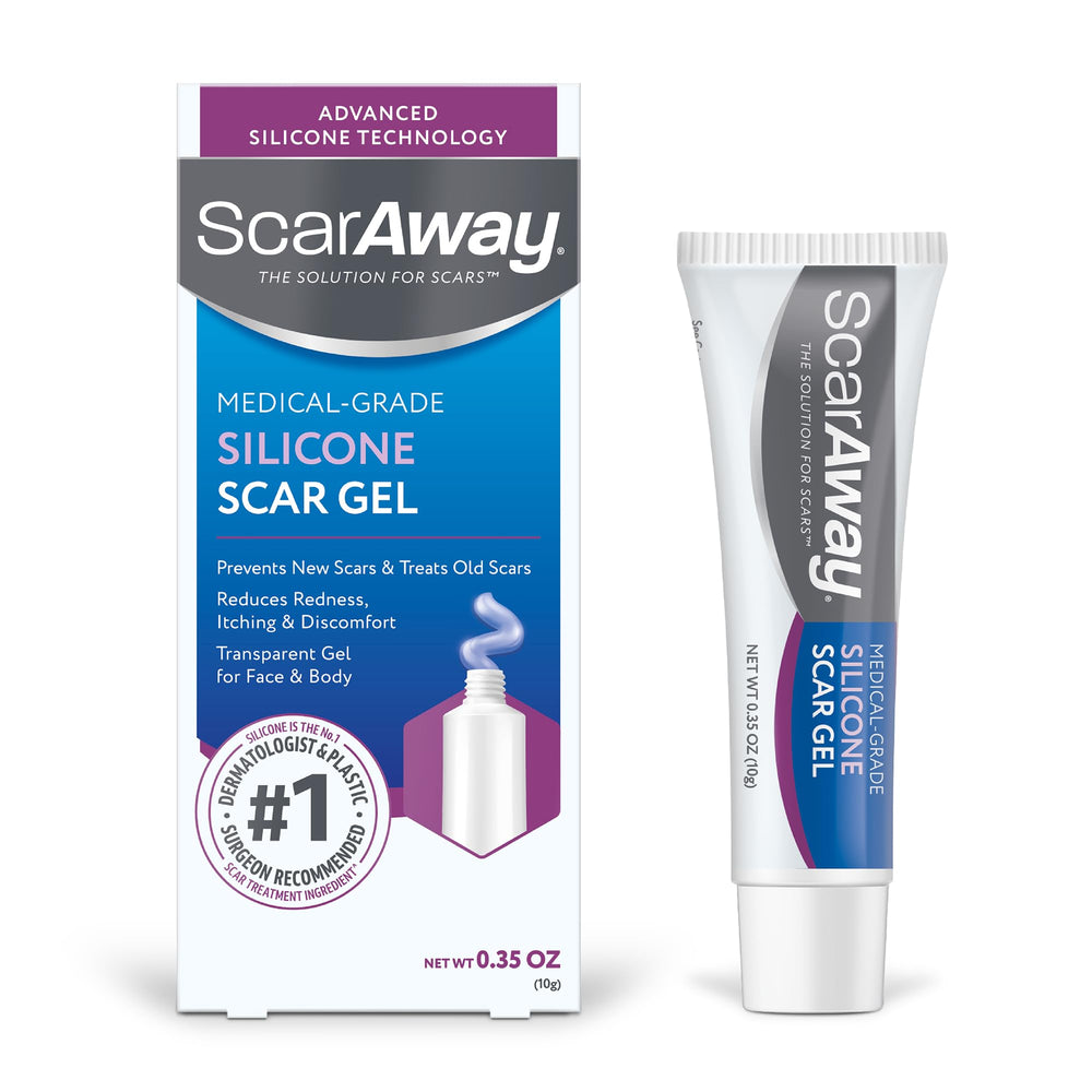 ScarAway silicone scar gel tube on hand; smooths scar texture with a non-greasy finish