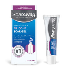 ScarAway silicone scar gel tube on hand; smooths scar texture with a non-greasy finish