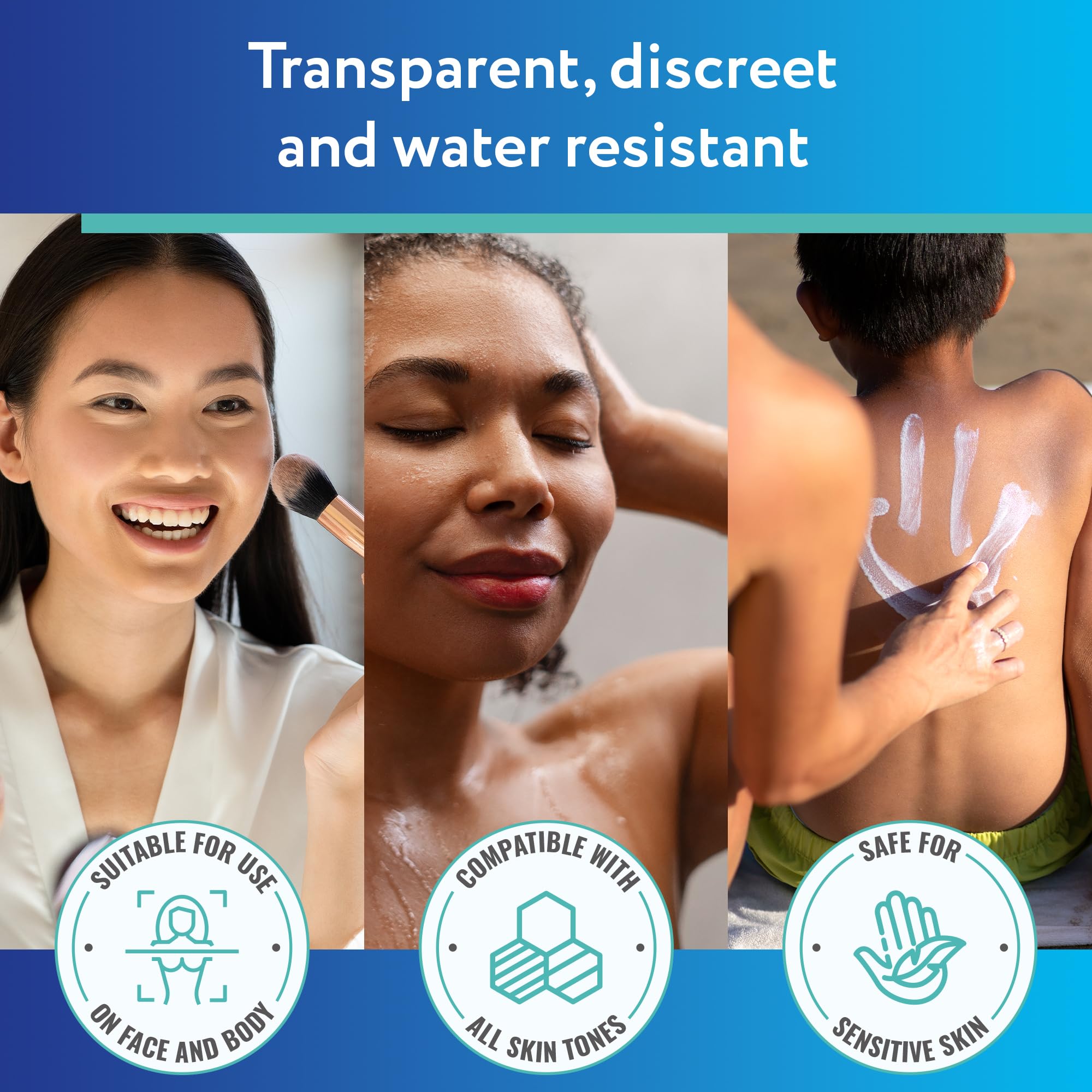 ScarAway advanced clear sheets close-up show self-adhesive, flexible wear for privacy.