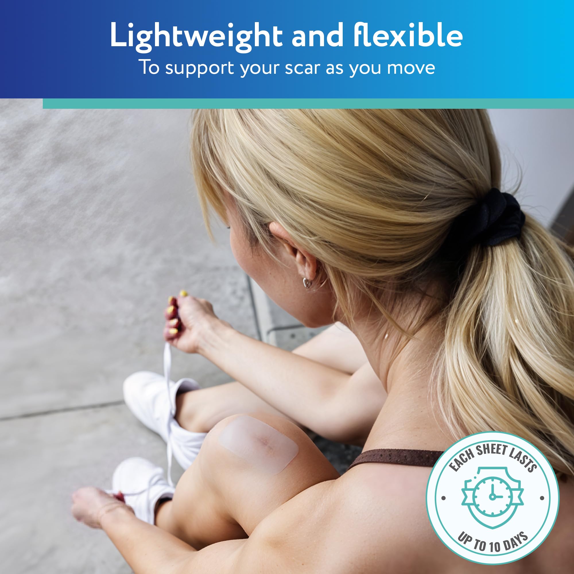 ScarAway water-resistant sheets maintain adhesion for all-day scar care.