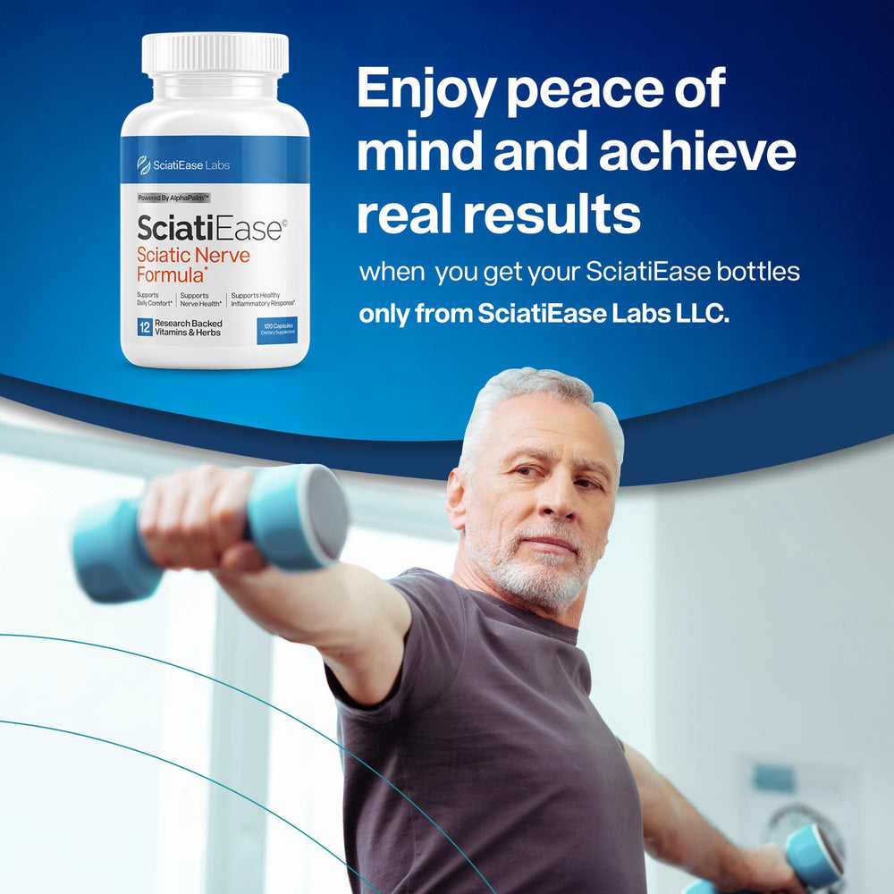 SciatiEase daily-use-dosage-guide graphic reinforces two capsules twice daily.