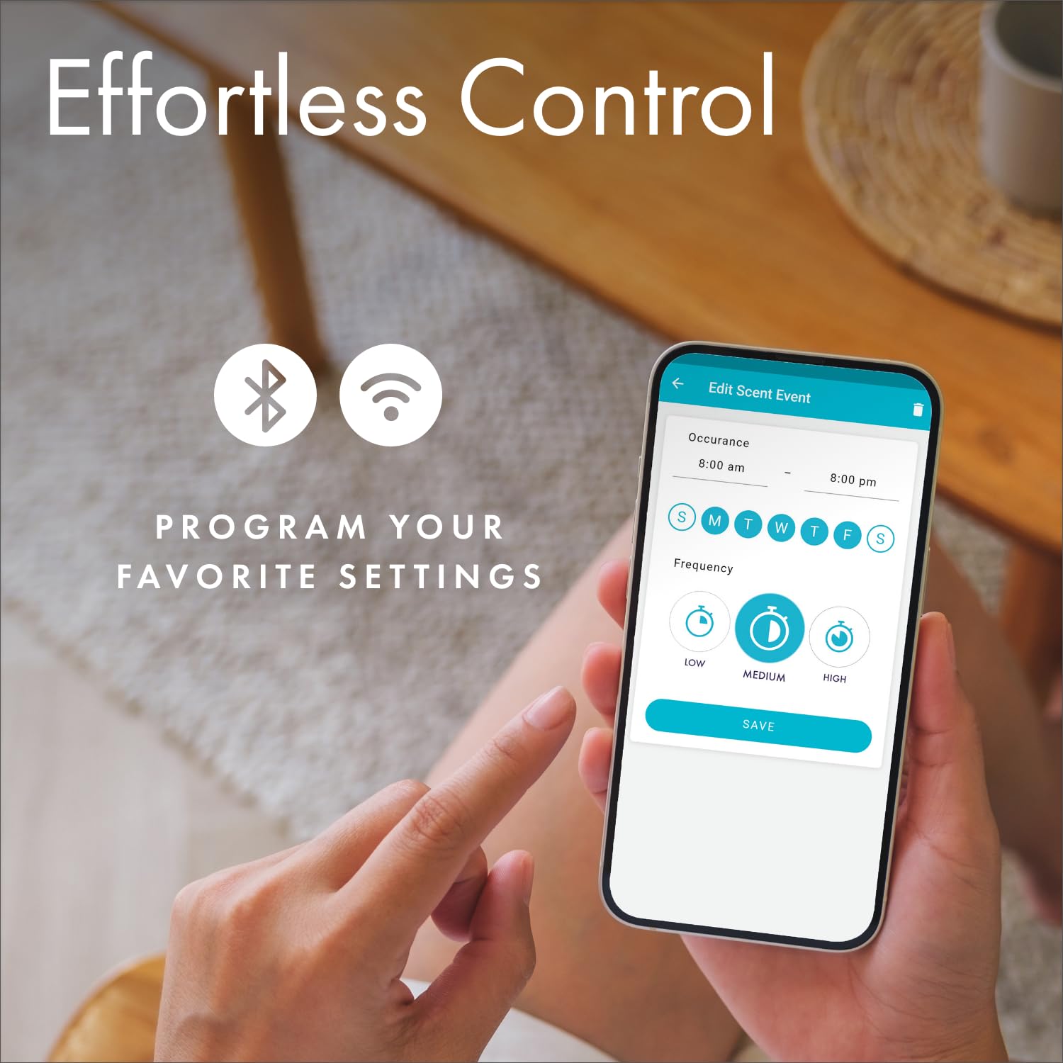 Whisper Home diffuser controlled via smartphone app (Wi-Fi & Bluetooth)