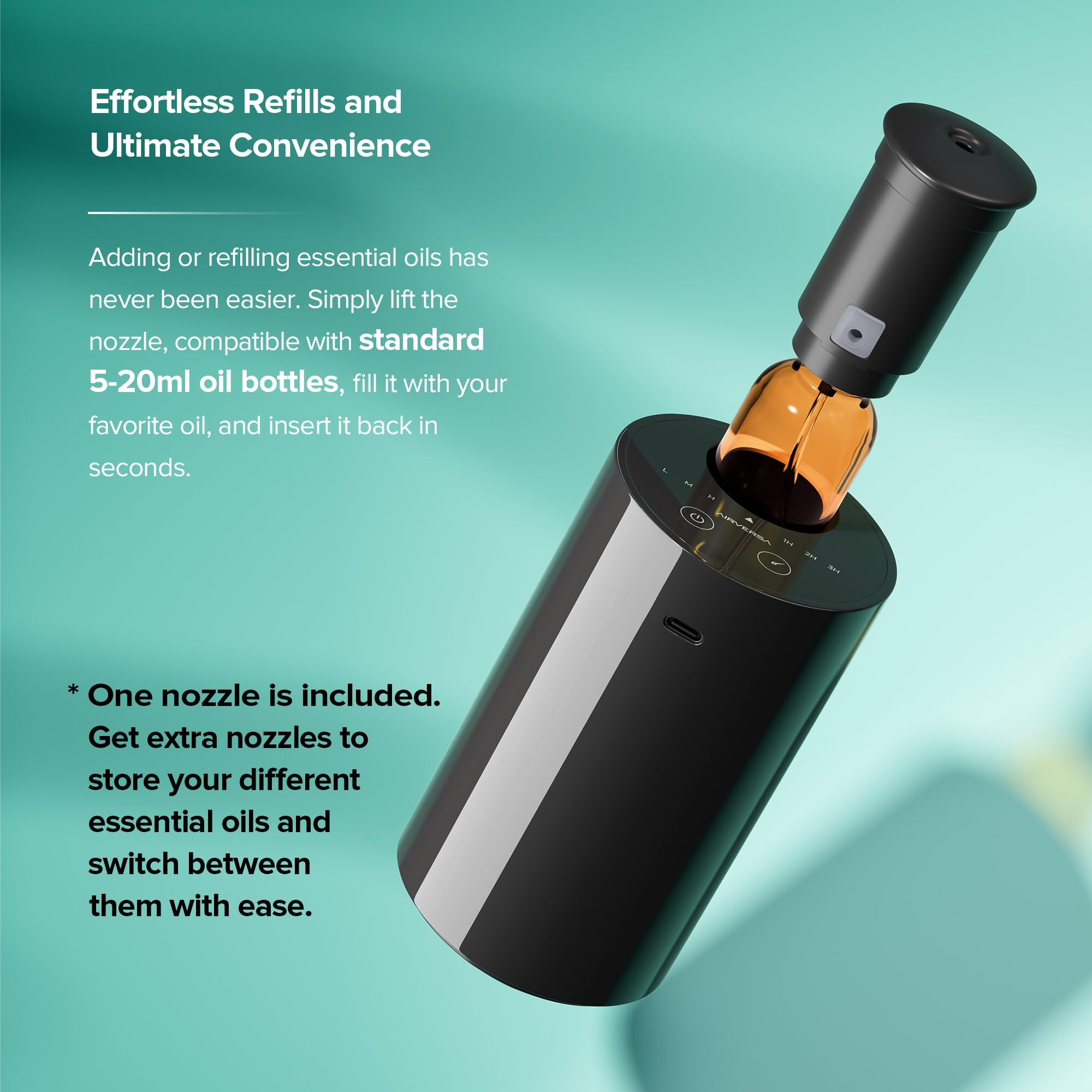 Replacement oil nozzles and refill bottles for ScentBots waterless diffuser