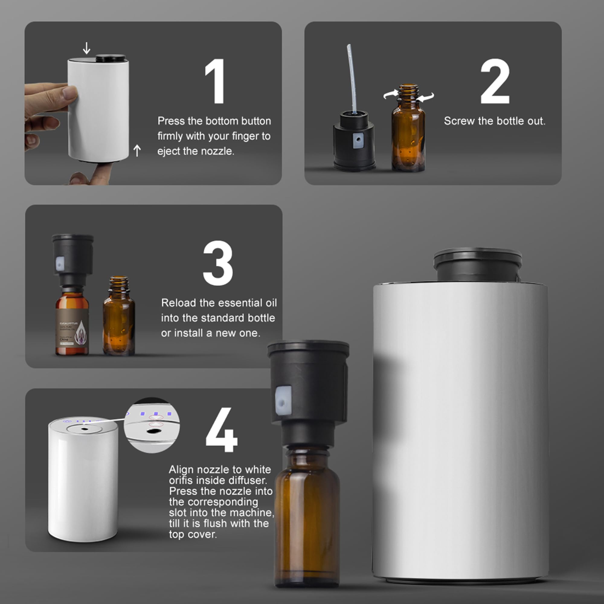 Scentcares Sentiment Diffuser oil bottle assembly demonstrates simple refill process.
