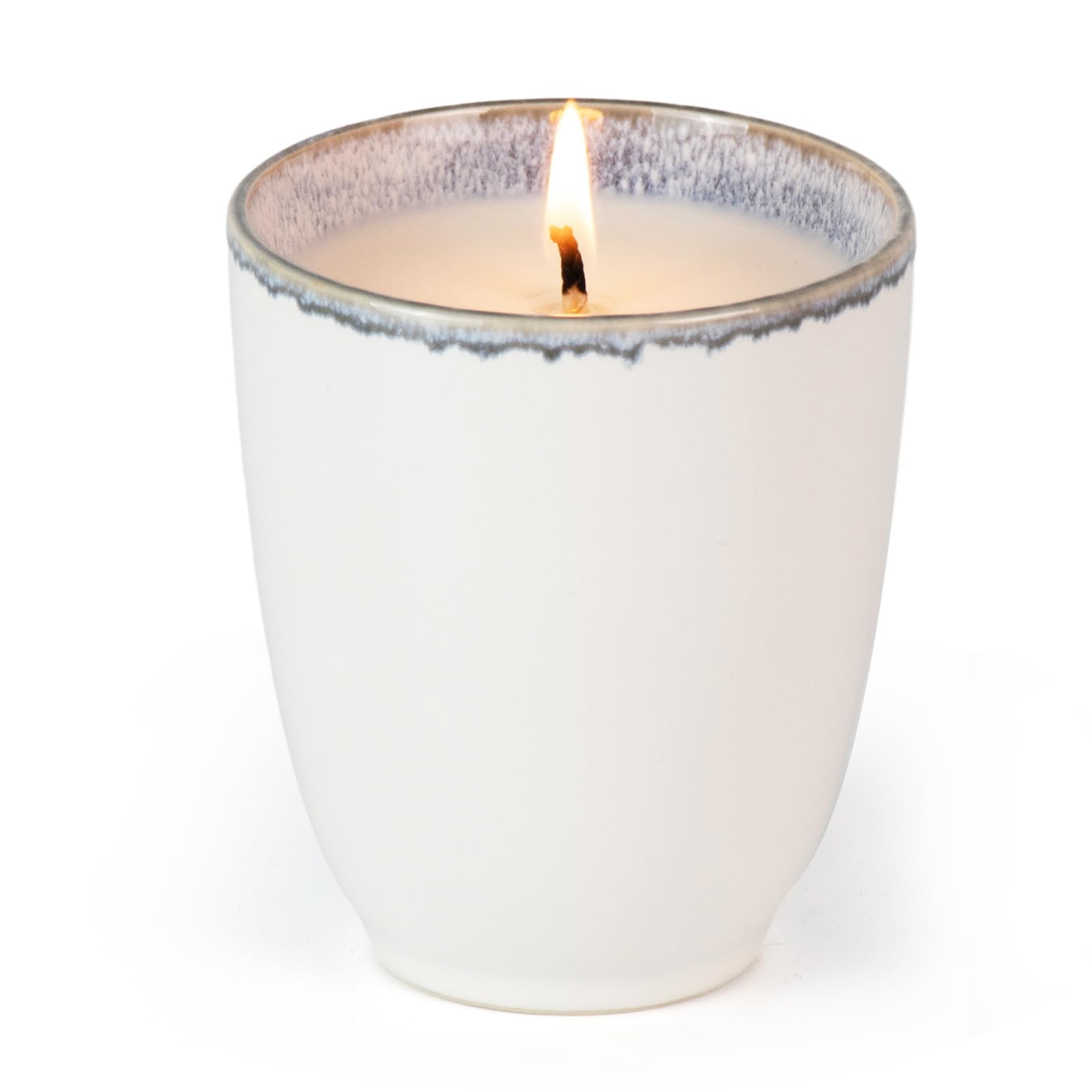 Red rose scented 8oz soy candle in white ceramic cup, front view