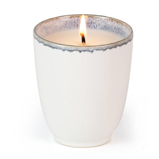 Red rose scented 8oz soy candle in white ceramic cup, front view