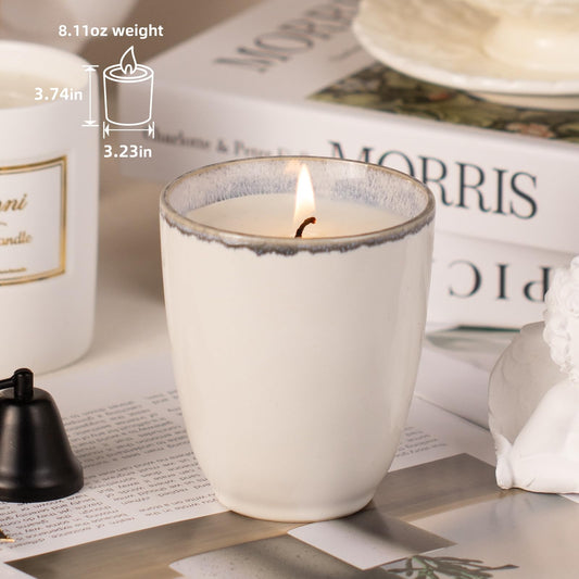 8oz soy candle in ceramic cup, top view showing rose fragrance