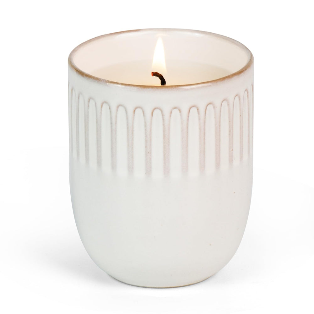 9 oz white soy candle with lavender scent in a ceramic cup (front view)