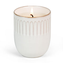 9 oz white soy candle with lavender scent in a ceramic cup (front view)