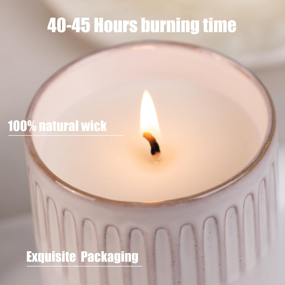 Close-up of lavender candle wick and wax in a ceramic cup
