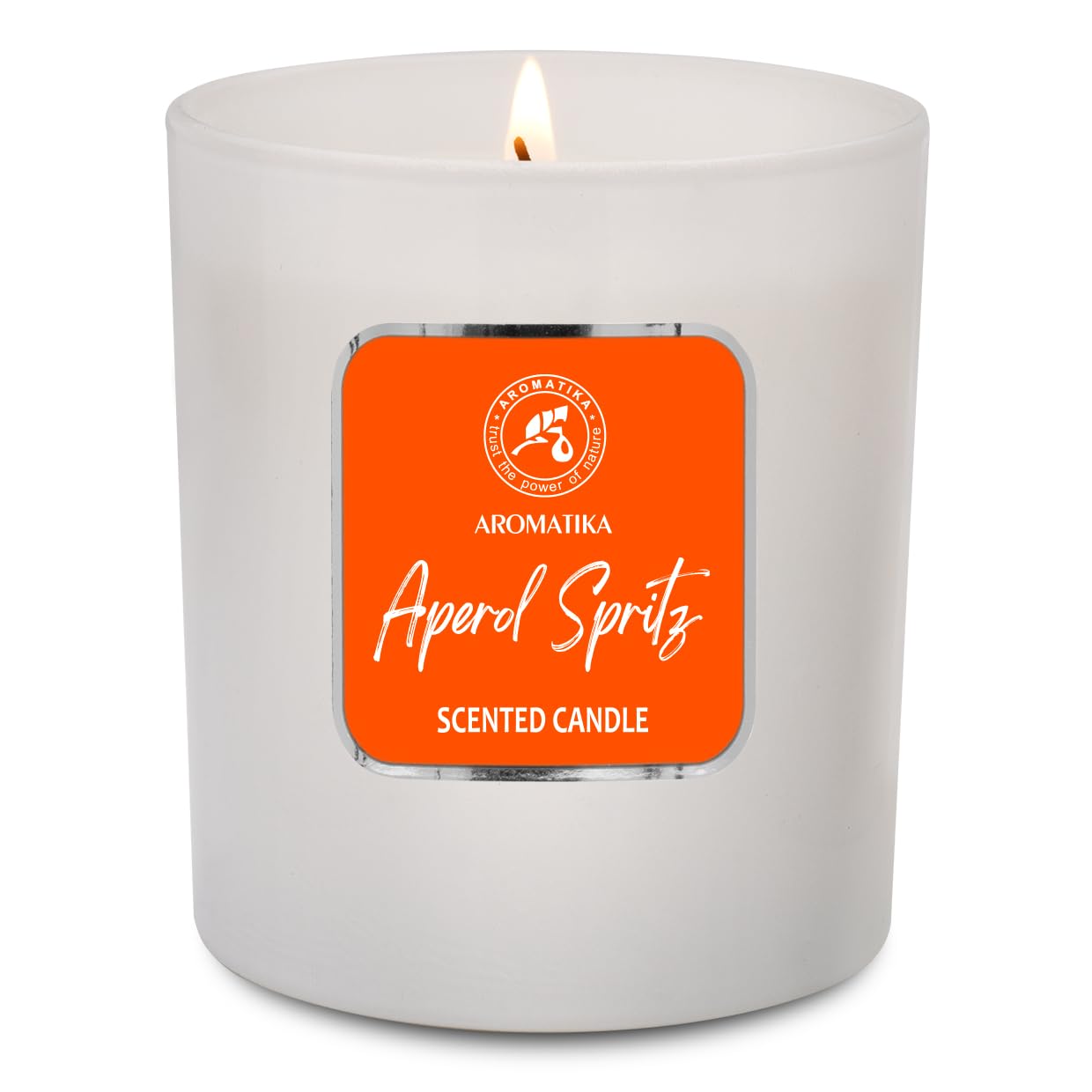 Aperol Spritz candle on a wooden surface