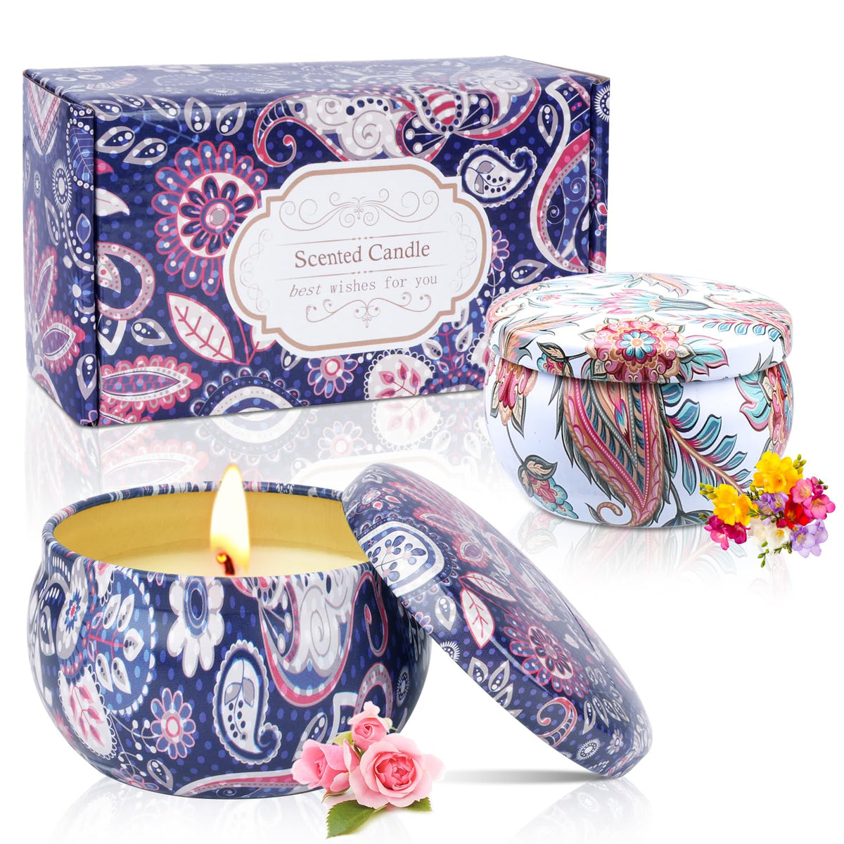 Two 2.5 oz scented candles in English Pear & Freesia and Rose