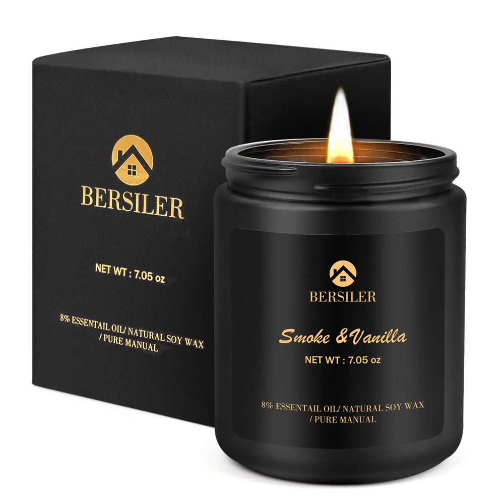 Vanilla sandalwood scented soy candle for men in a black jar