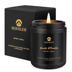 Vanilla sandalwood scented soy candle for men in a black jar