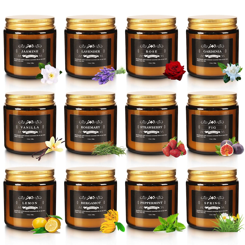 12-pack scented candle set in amber jars with assorted scents