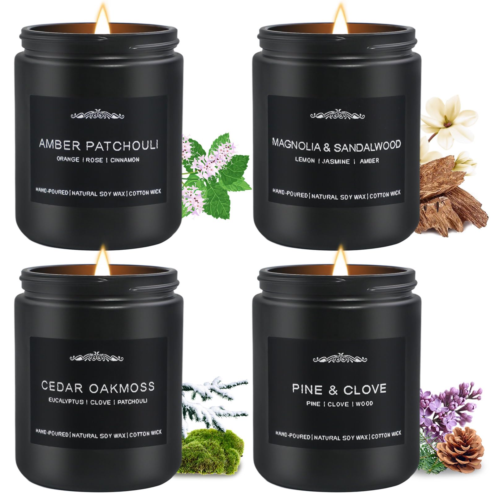 Gift box with four candles in black jars for men