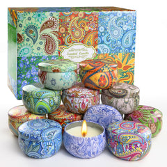 Decorative tin candles and patterns inside the packaging.
