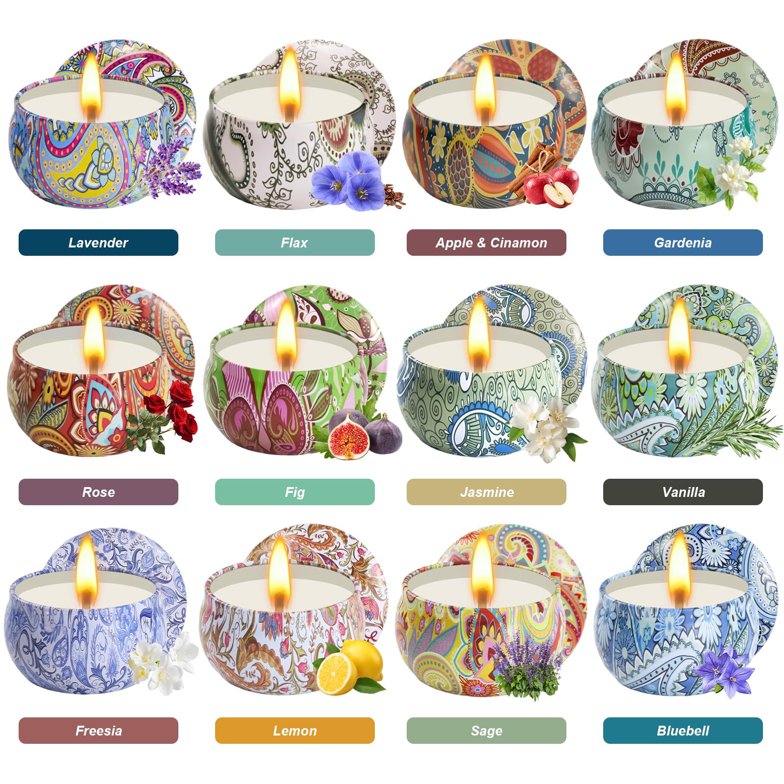 Close-up of the decorative metal tin with intricate patterns from the candle set.