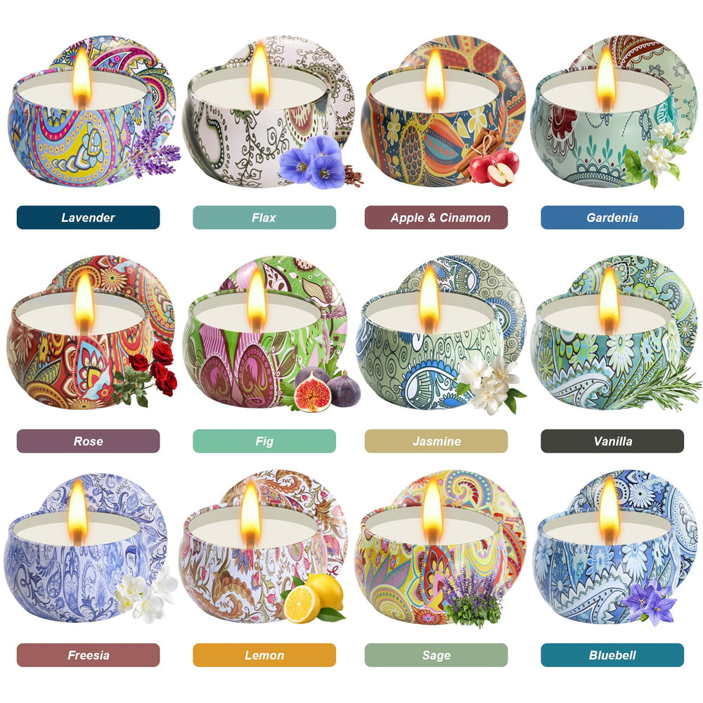 Close-up of the decorative metal tin with intricate patterns from the candle set.