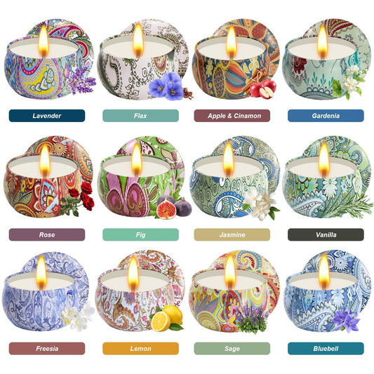 Close-up of the decorative metal tin with intricate patterns from the candle set.