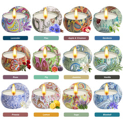 Close-up of the decorative metal tin with intricate patterns from the candle set.