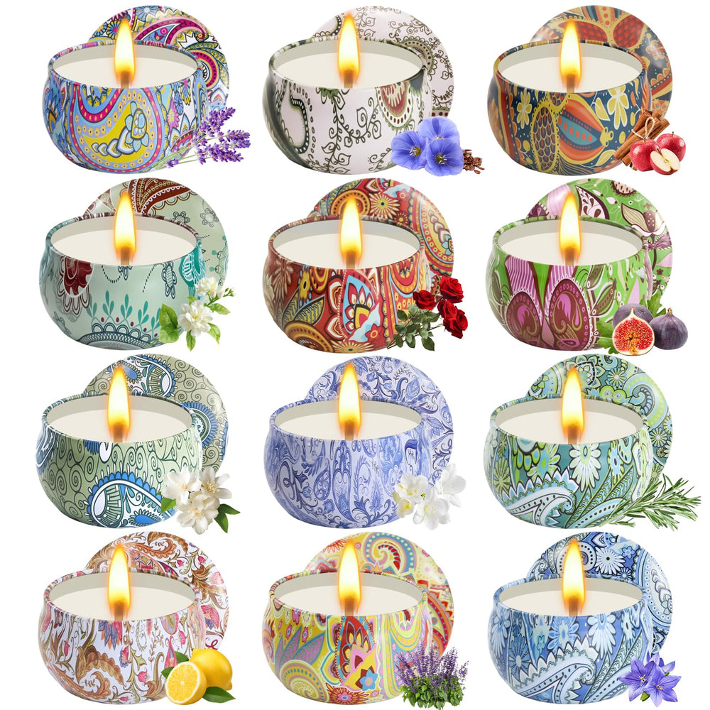 Front view of the 12-pack natural soy wax scented candles in decorative tins.