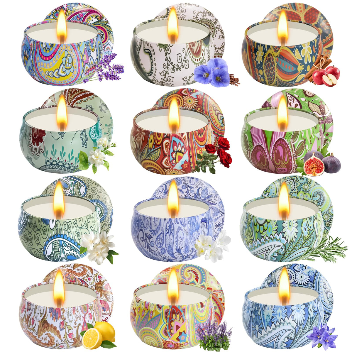 Front view of the 12-pack natural soy wax scented candles in decorative tins.