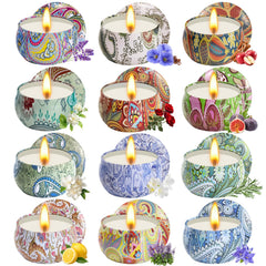 Front view of the 12-pack natural soy wax scented candles in decorative tins.