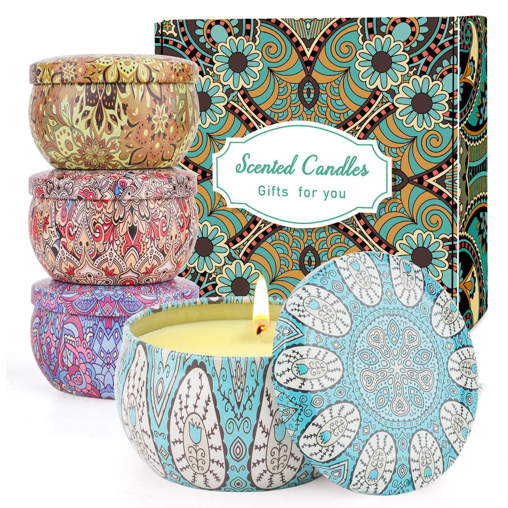 Four-pack scented candles in tins with Bergamot, Lemon, Gardenia, and Sage & Sea Salt
