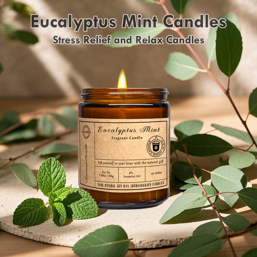 Close-up of eucalyptus mint scented candle