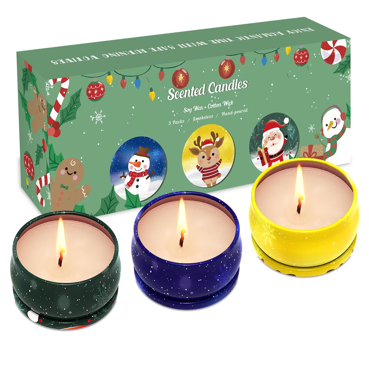Gift set of three scented Christmas candles in decorative jars