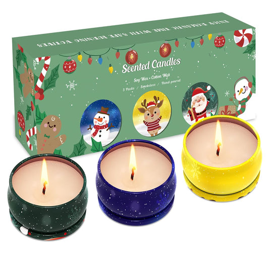 Gift set of three scented Christmas candles in decorative jars