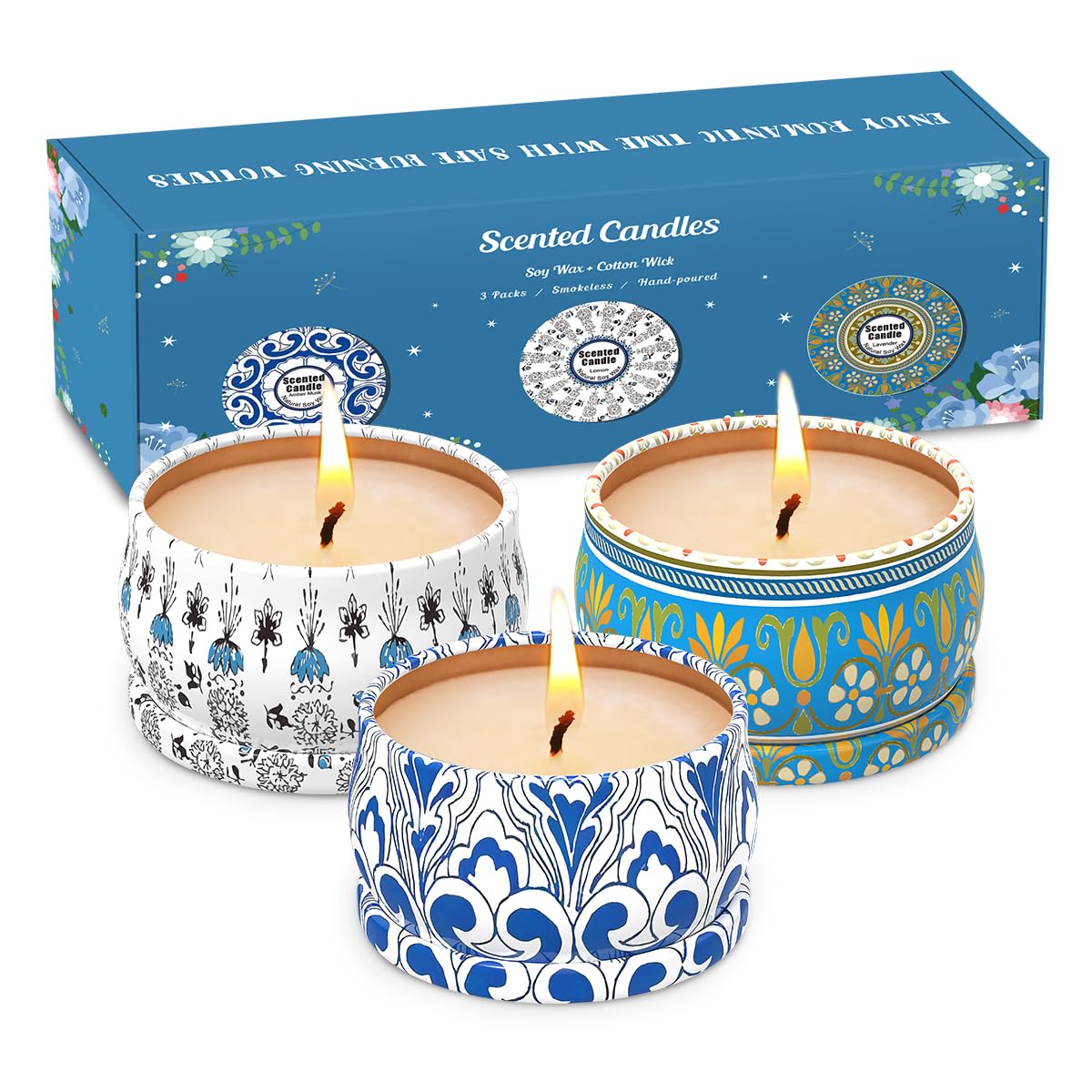 Three 2.5oz soy wax travel tin candles in Amber Musk, Lemon, and Lavender