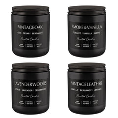 Four candles displayed in sleek black frosted can, leather/smoked vanilla scent