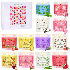 12-pack colored scented candles set with 12 fragrances displayed