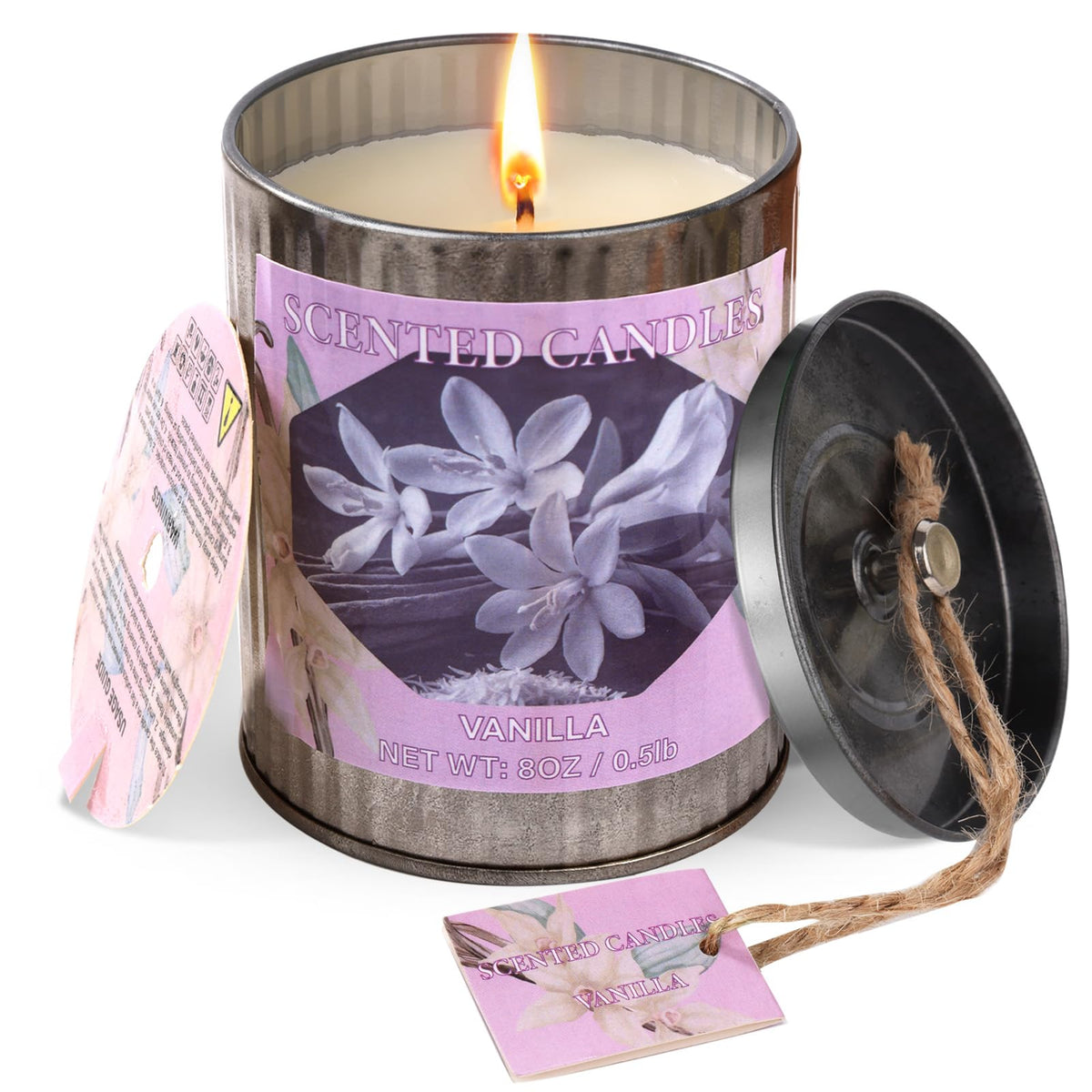8oz vanilla soy candle in a tin container for home use