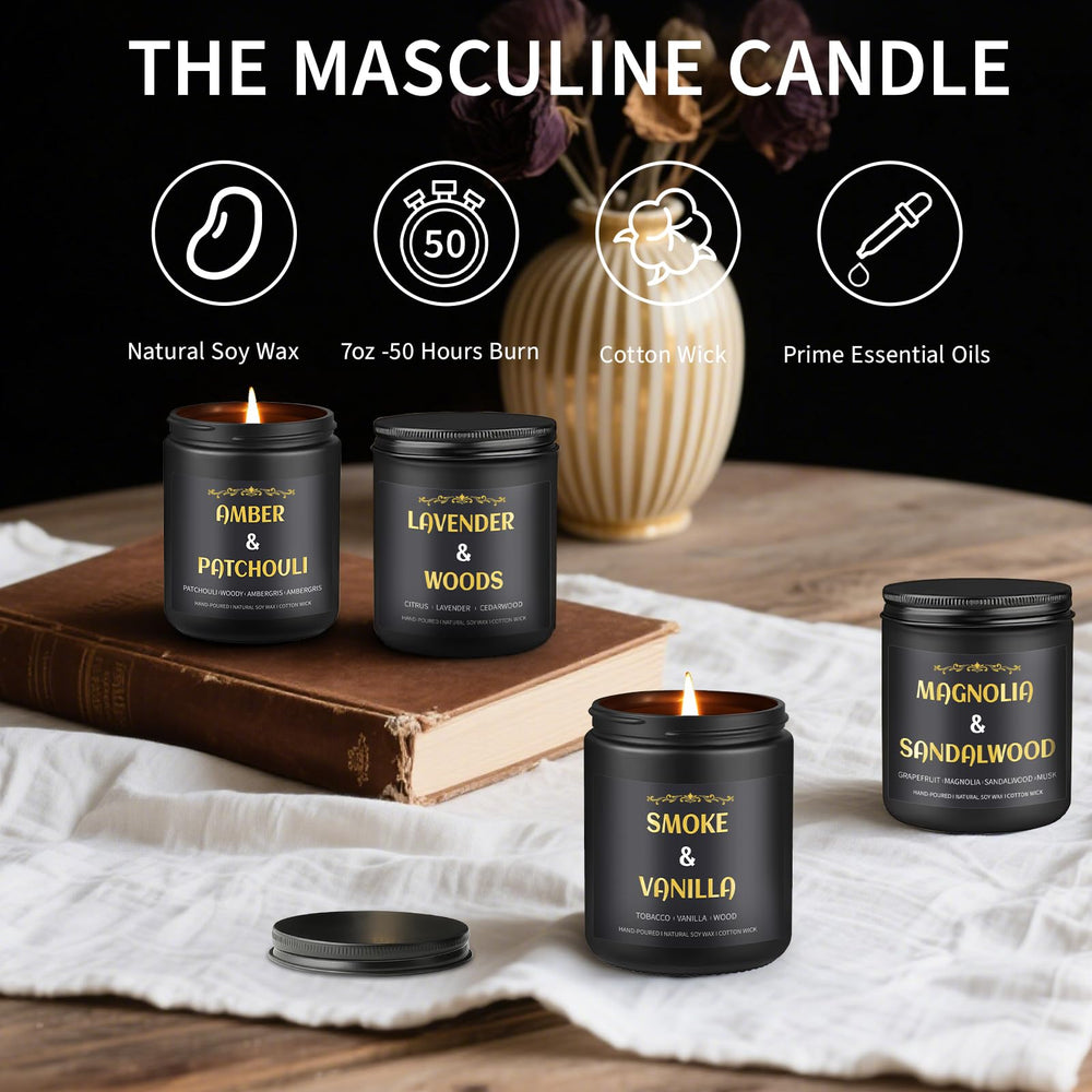 Gift packaging and black jars with gold accents from men's candle set