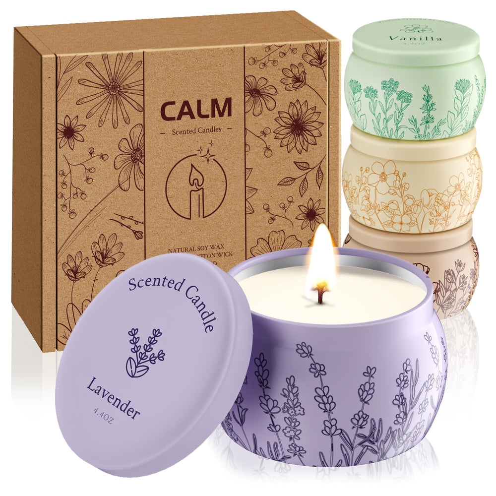 Front view of WarmEmbrace four-pack scented candles in decorative jars