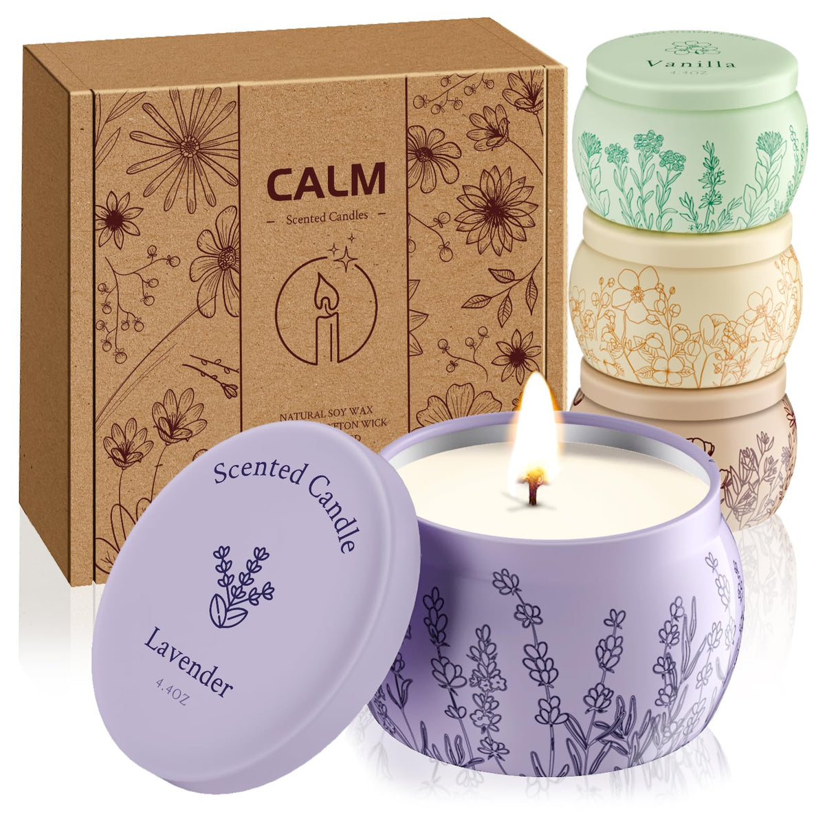 Front view of WarmEmbrace four-pack scented candles in decorative jars