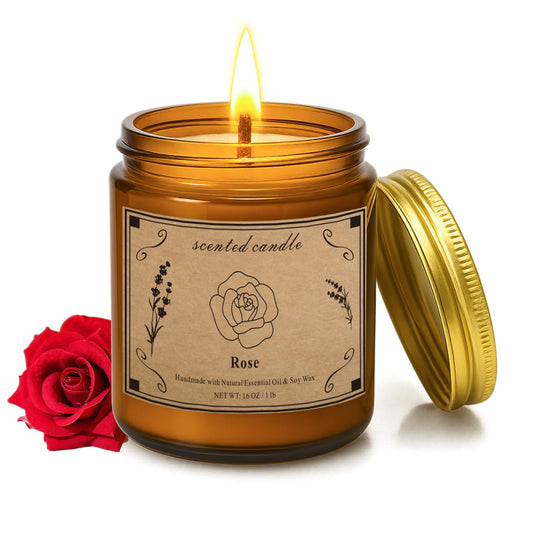 Front view of 16oz rose-scented candle in an amber glass jar