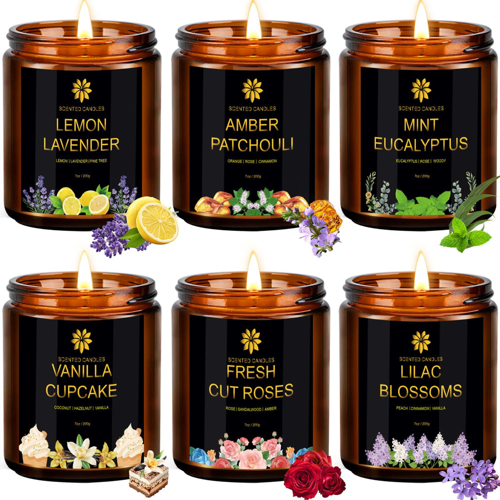 Six-pack soy wax scented candles in amber jars for home aromatherapy