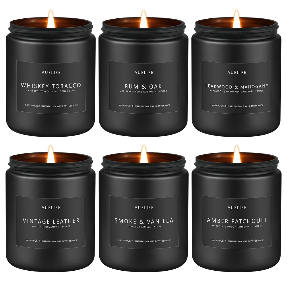 Six-pack masculine scented candles in a gift-ready box
