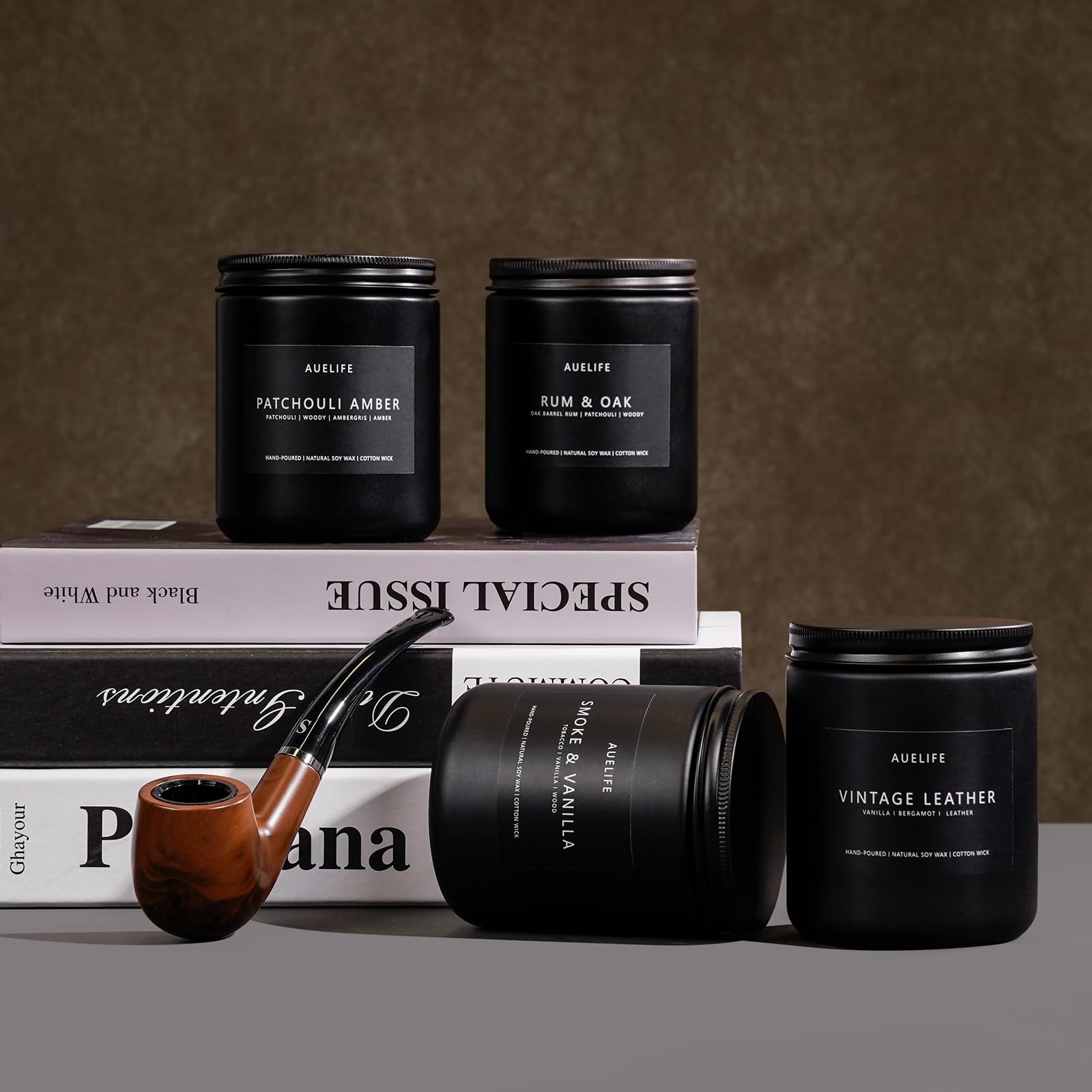 Ambient shot of the 4-pack men's scented candles in a home space