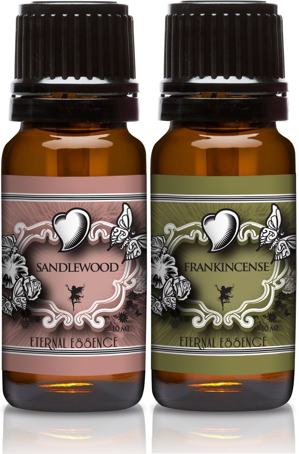Amber glass bottle containing Sandalwood & Frankincense scented oil, 10 ml