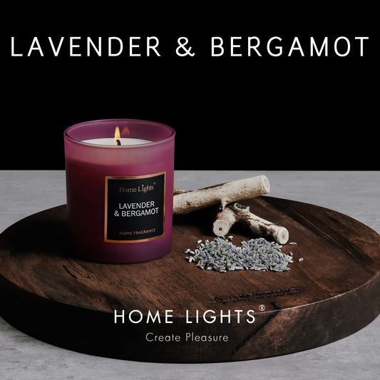 Close-up of lavender and bergamot fragrance with cotton wick